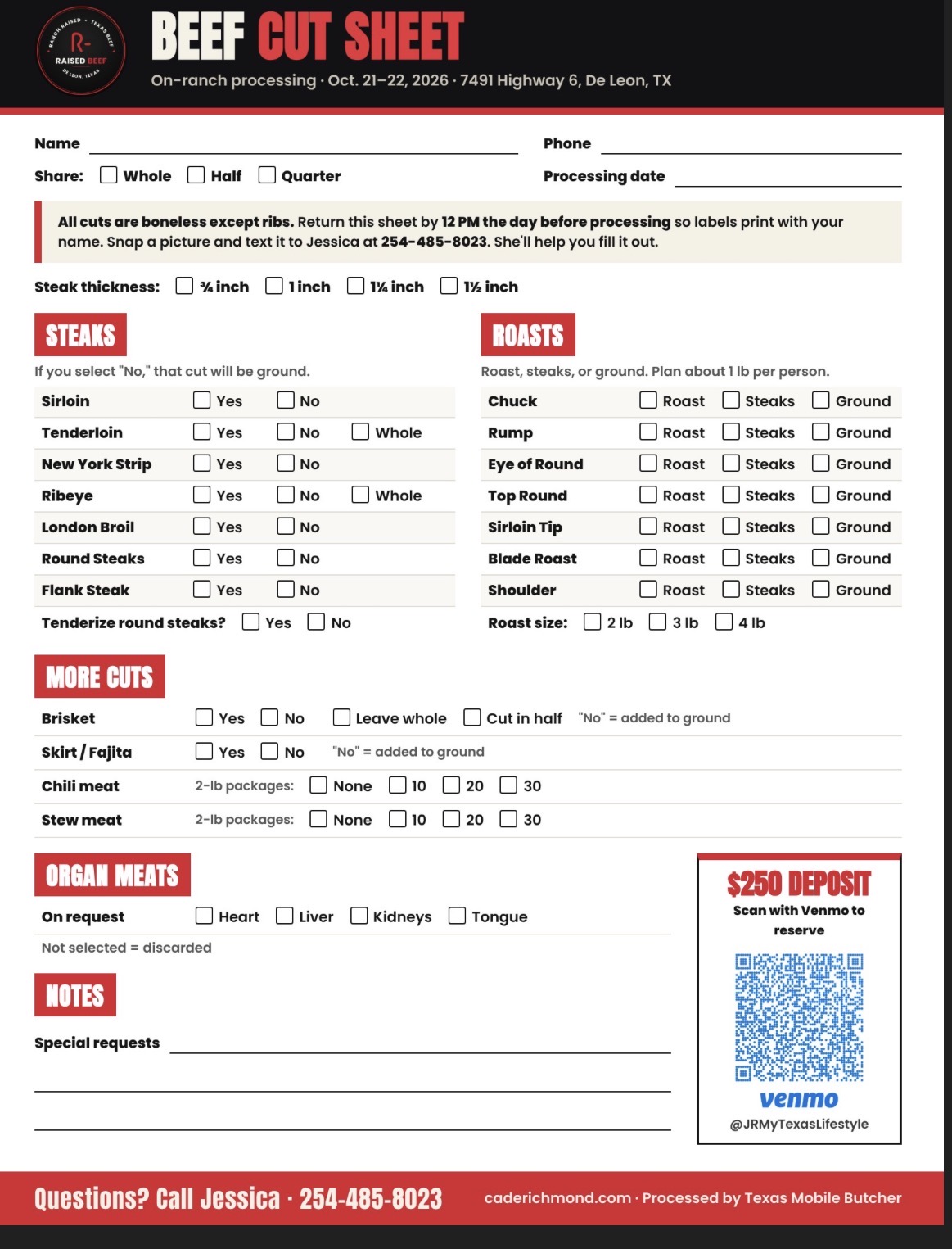 R-Raised Beef cut sheet for Oct. 21–22, 2026 on-ranch processing