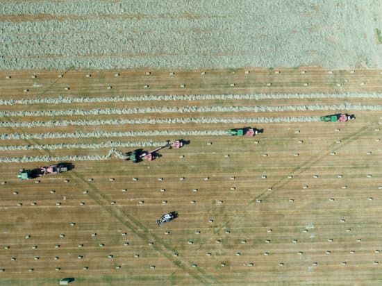 Aerial view of several tractors square baling a hayfield